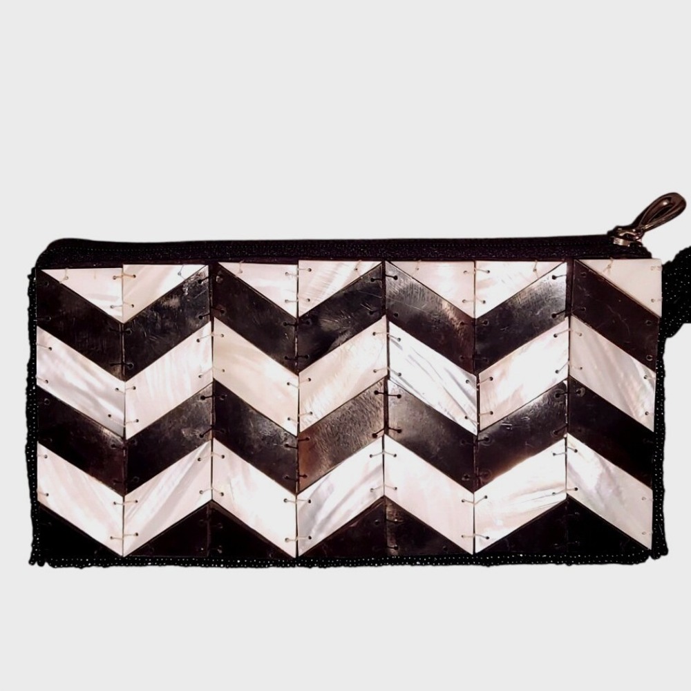 Mad by Design Mother of Pearl Shell Chevron Beaded Wristlet Bag Black White